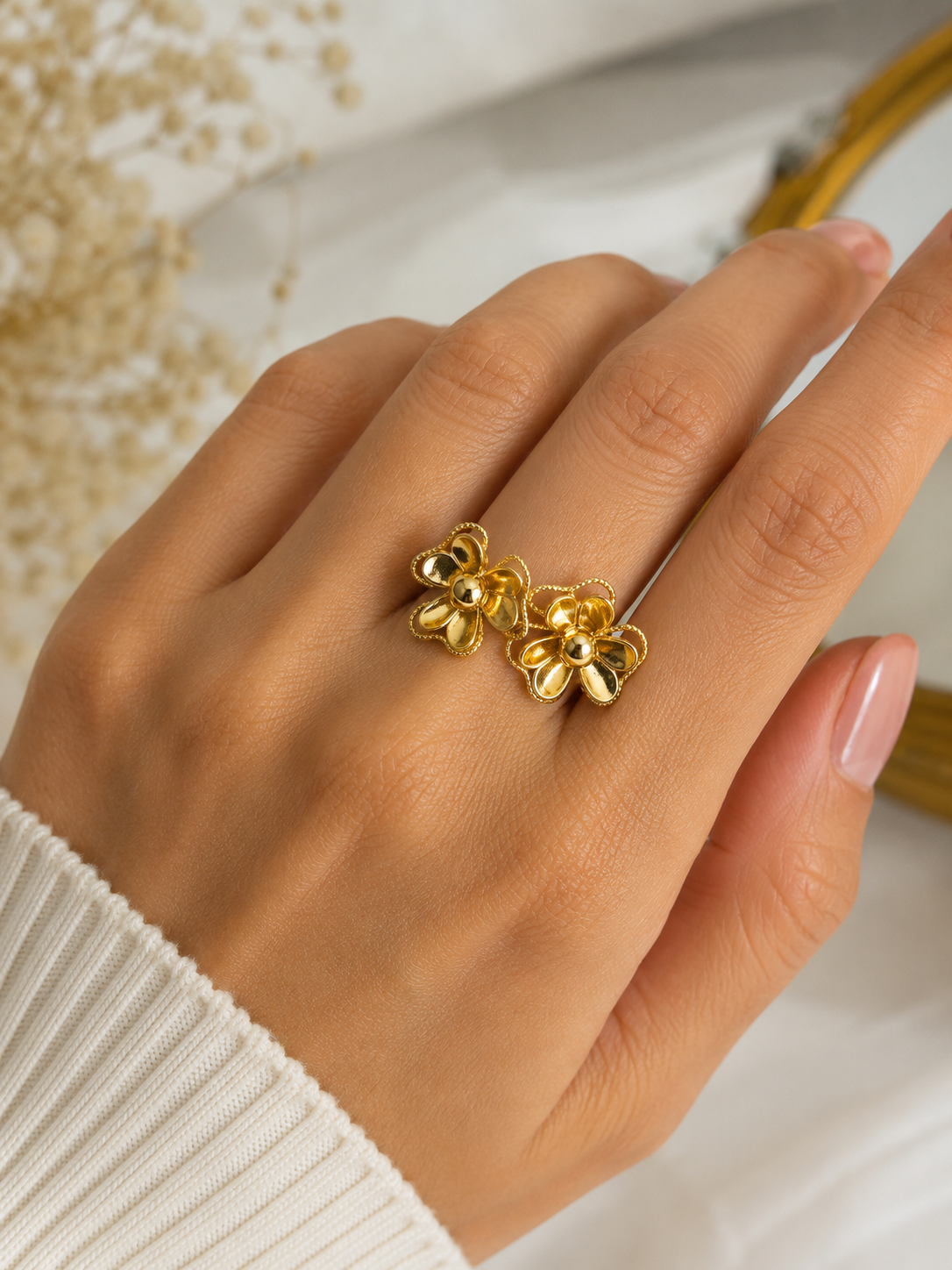 Anillo Doble Flor Dorada