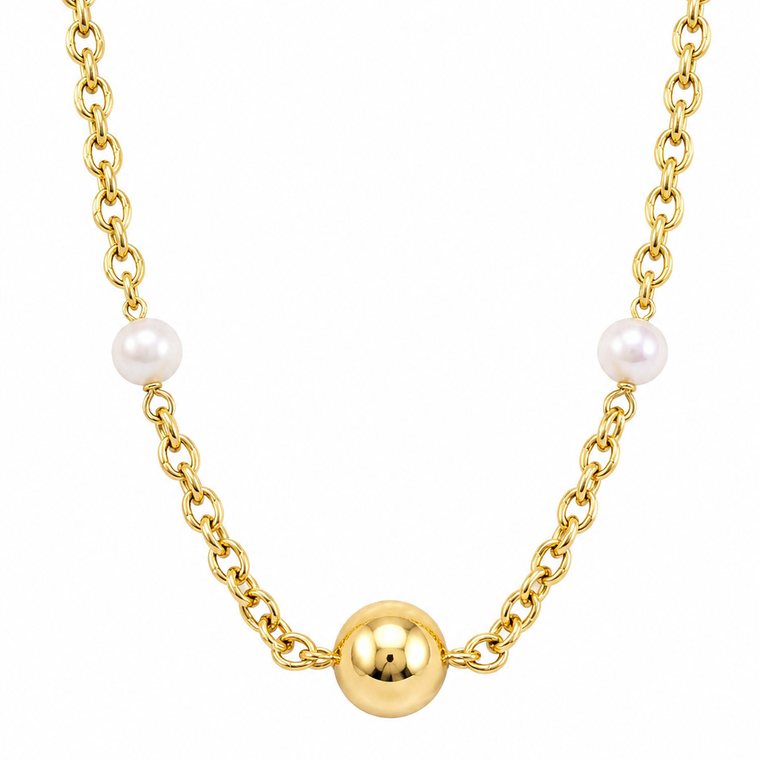 Collar Perlas & Esfera Dorada
